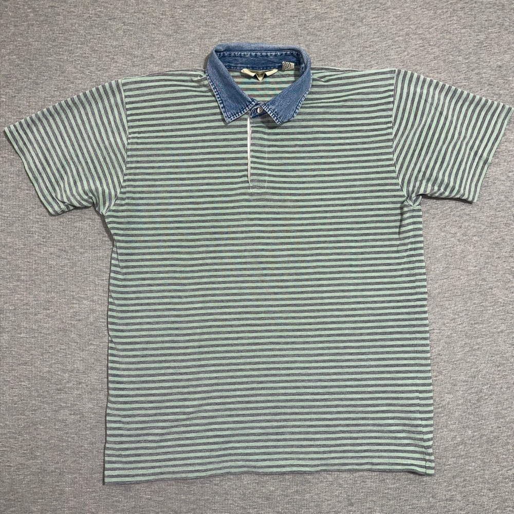 Eddie Bauer Vintage 90s Striped Polo Shirt Green Denim Collar Mens Size Large